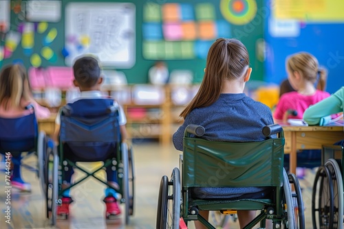 A student in a wheelchair engages with peers in a vibrant classroom setting, showcasing an inclusive education environment. Generative AI