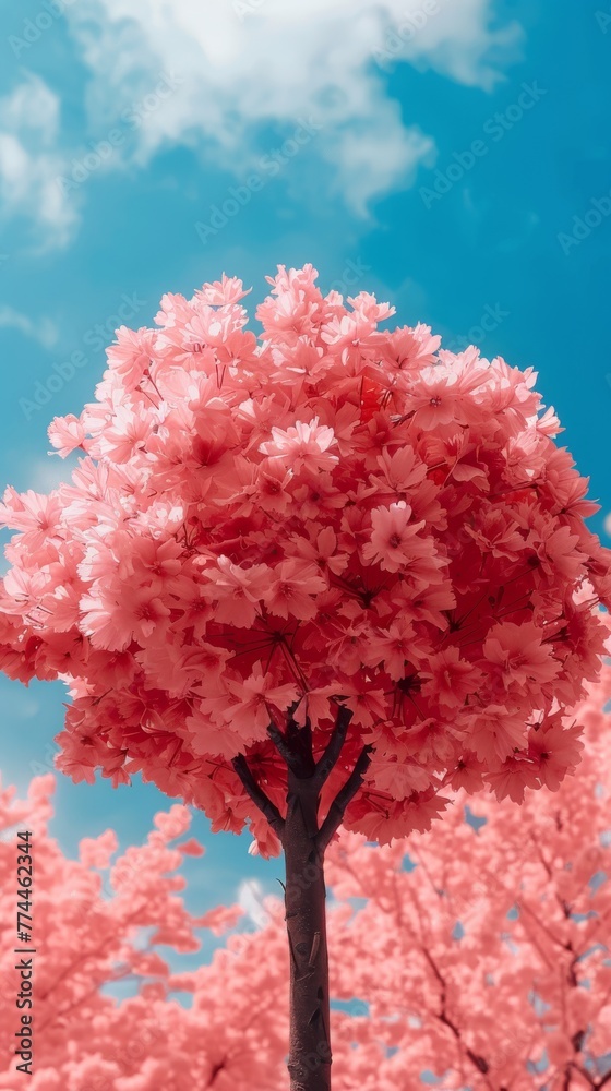 Surreal Pink Blossoming Tree Under a Vibrant Blue Sky, a Dreamlike Scene Signifying Renewal and Springtime