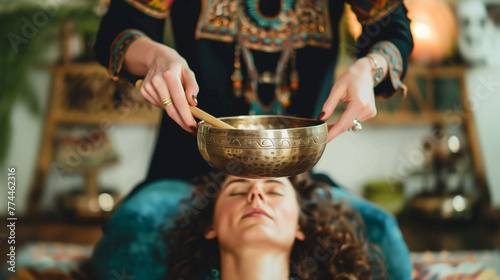 Woman experiencing a singing bowl sound bath for relaxation and healing  photo