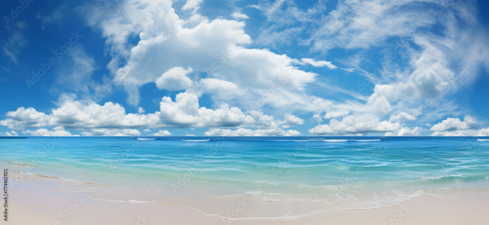 A panoramic view of the clear blue sky with white sandy beaches stretching into the distance under bright sunshine
