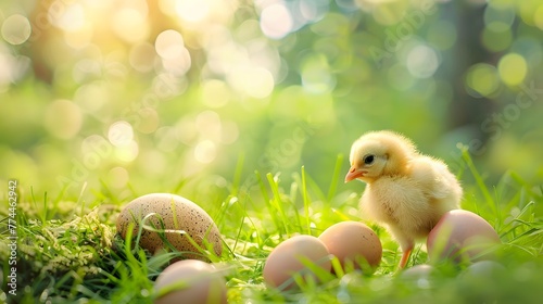 cute little tiny newborn yellow baby chick and three chicken farmer eggs in the green grass on nature outdoor. banner © Ziyan Yang