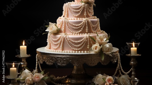 Vintage cake stand holding a three-tiered cake with piped swags and pearls.