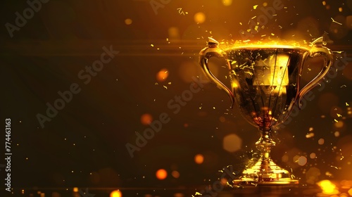 Gold trophy cup with bright abstract background  copying space for text. Concept of champions  tournament and sports. 