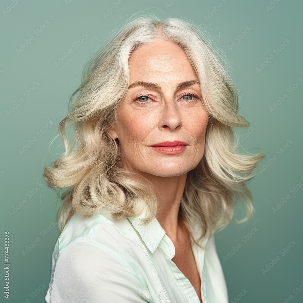A skincare portrait capturing the gleaming joy of a European model aged 60, her blond hair harmonizing with a soft gradient backdrop A skincare portrait capturing the gleaming joy of a European model aged 60, her blond hair harmonizing with a soft gradient backdrop