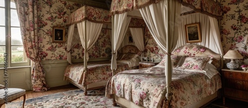 Exquisite Romantic Bedroom in Lavish French Countryside Chateau with Floral Wallpaper and Canopy Beds