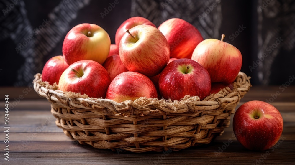 Fresh Fuji Apple in wicker basket on old table. Malus pumila. Fuji apples are a variety of apples with large size Fresh Fuji Apple in wicker basket on old table. Malus pumila. Fuji apples are a variety of apples with large size