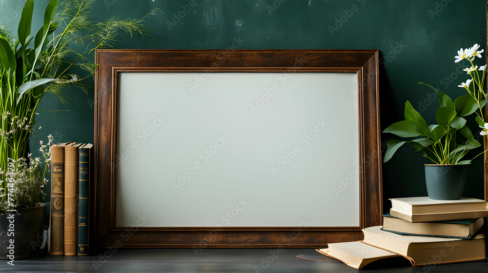 Frame design for book festival. Wooden frame with blank white plain for text surrounded by books and plants decorations on a dark green wall background. - obrazy, fototapety, plakaty 