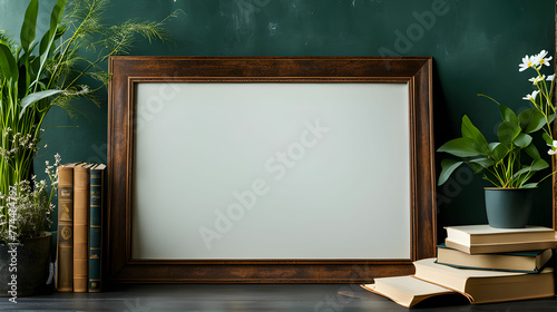 Frame design for book festival. Wooden frame with blank white plain for text surrounded by books and plants decorations on a dark green wall background. photo