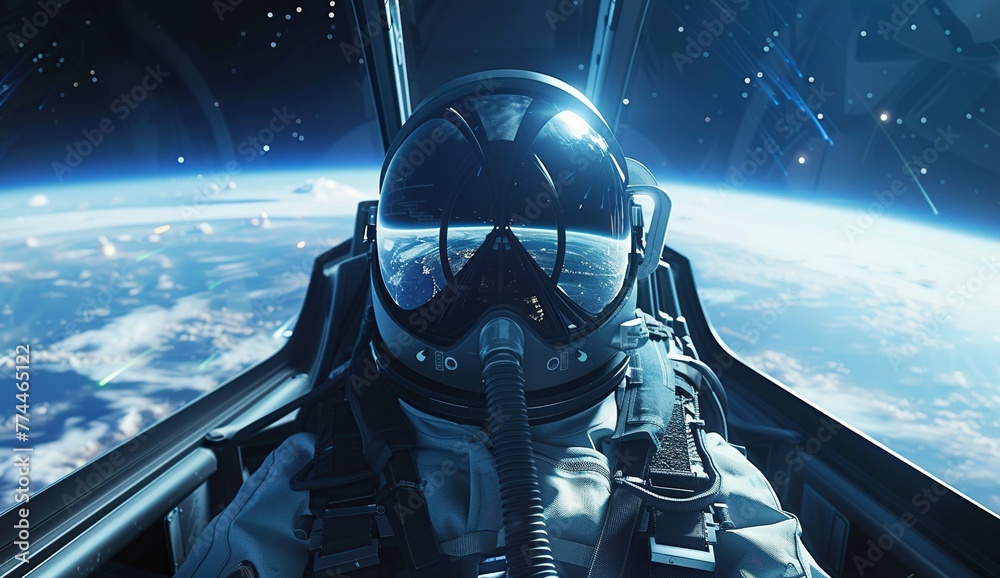 a pilot in an advanced space fighter jet, wearing helmet and visor, flying over earth, wide angle shot, realistic, cinematic --ar 26:15 Job ID: 926df3a3-7730-4b96-9e39-78298e4ef9fb - obrazy, fototapety, plakaty 