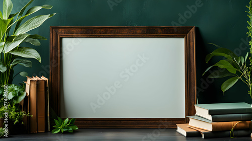 Frame design for book festival. Wooden frame with blank white plain for text surrounded by books and plants decorations on a dark green wall background.