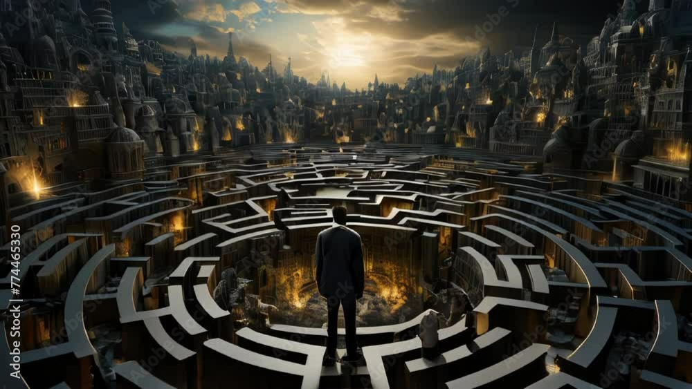 Man standing in the middle of a round maze