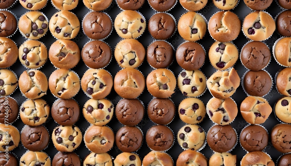 View ro above of a variety of muffins on a wooden plate, chocolate chips, chocolate, cocoa, vanilla, nuts ones View ro above of a variety of muffins on a wooden plate, chocolate chips, chocolate, cocoa, vanilla, nuts ones