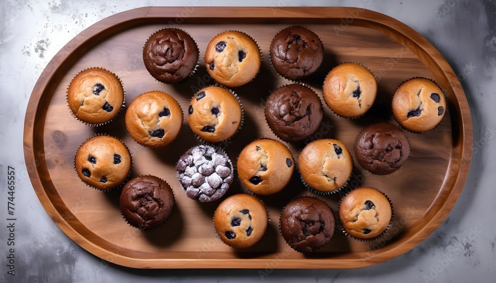 View ro above of a variety of muffins on a wooden plate, chocolate chips, chocolate, cocoa, vanilla, nuts ones