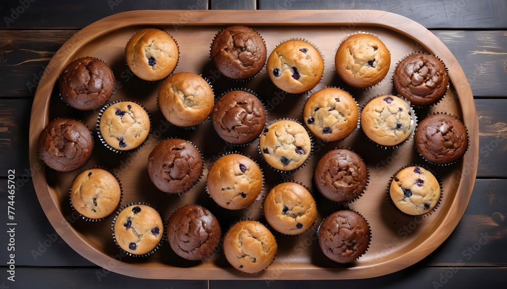Obraz premium View ro above of a variety of muffins on a wooden plate, chocolate chips, chocolate, cocoa, vanilla, nuts ones