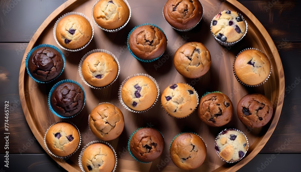 Obraz premium View ro above of a variety of muffins on a wooden plate, chocolate chips, chocolate, cocoa, vanilla, nuts ones