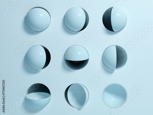 Abstract light blue mock up background with blue sphere  caps and round holes; minimal geometric concept space with cylindrical holes in wall; 3d rendering, 3d illustration