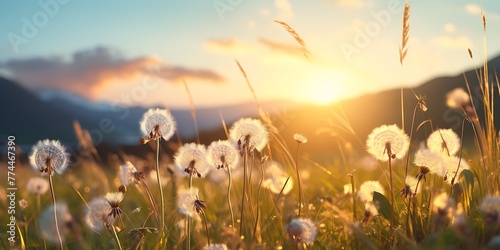Dandelion flowers in the meadow at sunset. Beautiful nature background