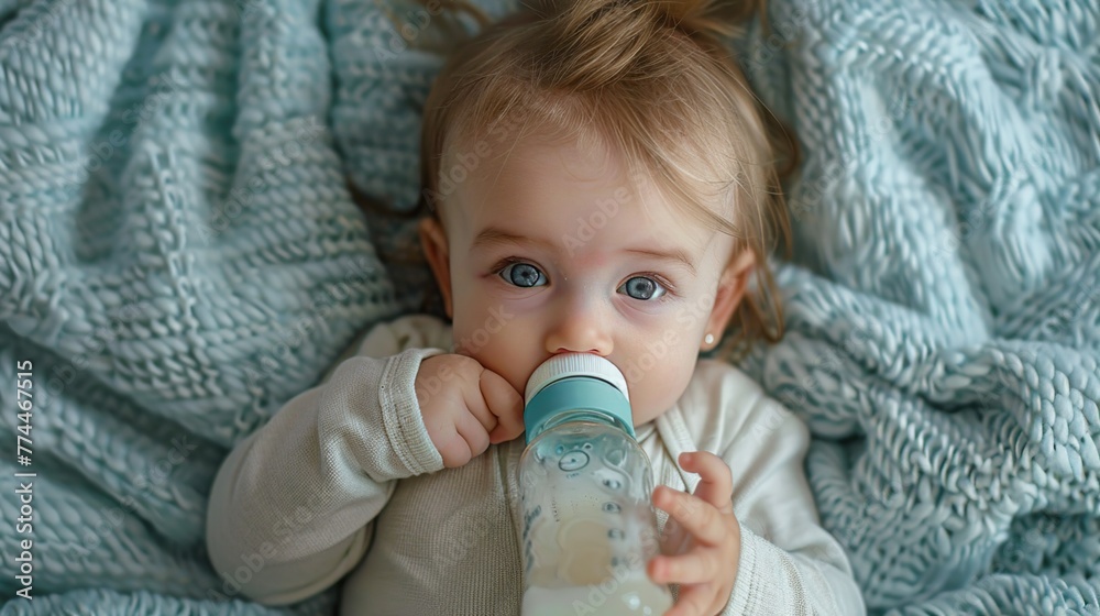 Portrait a baby drinks milk from a bottle Laying on blue blanket. Supplementary food for growing babies Portrait a baby drinks milk from a bottle Laying on blue blanket. Supplementary food for growing babies