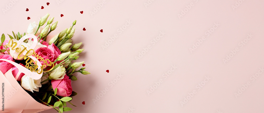 Mother's Day banner template with bouquet of roses. Flat lay, top view, copy space.