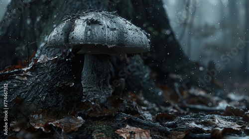 close-up of dark white mushroom growing on a dead tree photo