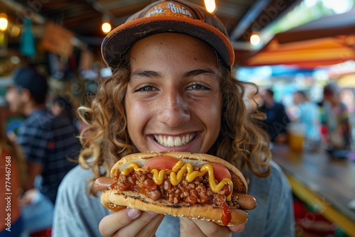 Joyful teenager enjoying a delicious hotdog at a vibrant street food market