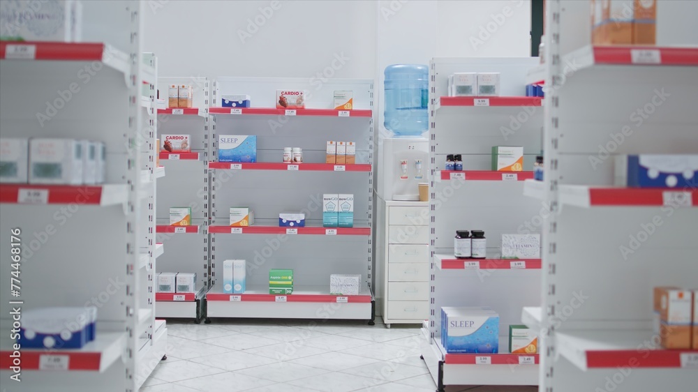Empty drugstore equipped with medical supplies and products products, vitamins and healthcare nutrients. Pharmacy shelves full of prescription medicine for customers, insurance services. Empty drugstore equipped with medical supplies and products products, vitamins and healthcare nutrients. Pharmacy shelves full of prescription medicine for customers, insurance services.