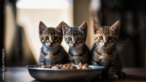 A group of cute kittens sit next to the bowl with cat food. National Siblings day