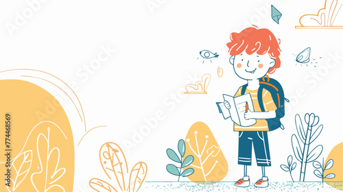 Line paper design with little boy illustration flat