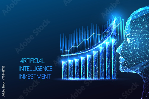 Futuristic AI investment concept with AI face and growth chart on dark blue background.