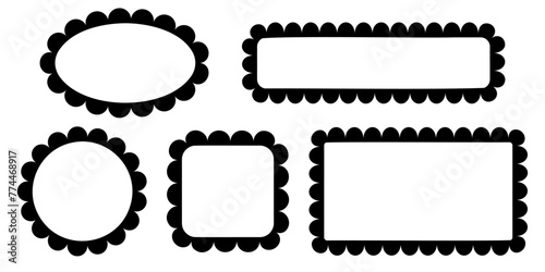 Set of round, square, rectangle and oval frames with scallop borders. Tags, labels, text boxes or stickers templates with wiggly edges isolated on white background. Vector graphic illustration.