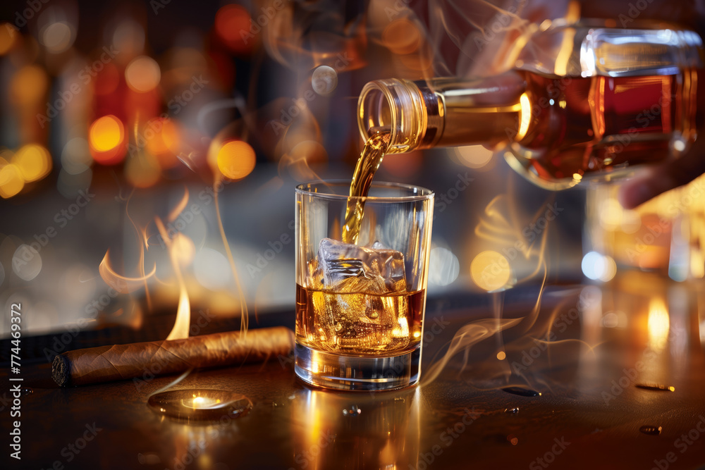 A man is pouring a drink into a glass. The drink is a mixture of alcohol and ice. The scene is set in a bar A man is pouring a drink into a glass. The drink is a mixture of alcohol and ice. The scene is set in a bar