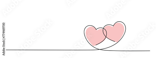 two locked hearts continuous one line drawing, valentines day, love black linear horizontal vector decorative element, editable stroke