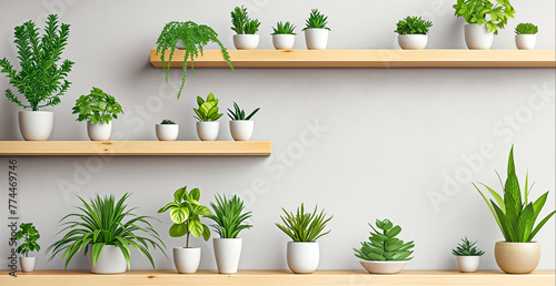 Wooden shelves with beautiful plants. wall decoration with Plants in pots.  © Viks_jin