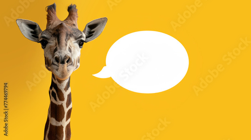 Dialogbereite Giraffe: Eine Giraffe schaut direkt in die Kamera mit einer leeren Sprechblase auf gelbem Hintergrund.
