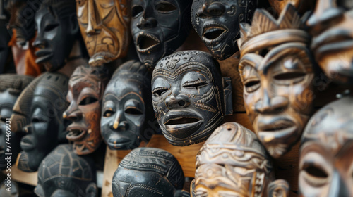 Afrikanisches Erbe: Eine Sammlung handgeschnitzter traditioneller afrikanischer Masken.

 photo