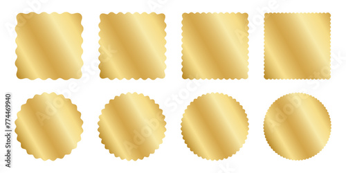 Set of gold square and circle stickers with wavy borders. Wiggly round and squared shining labels, badges, price tags, stamps, sale offers isolated on white background. Vector illustration.