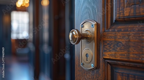Close-up doorknob of wooden door. Premium door lock security company background. photo