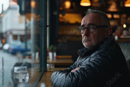Portrait of a senior man with glasses sitting in a pub.