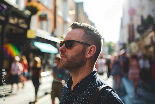 young handsome hipster man in the city street, lifestyle people concept photo