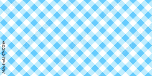 Blue and white diagonal gingham pattern. Tablecloth, picnic plaid, basket napkin, towel or handkerchief print. Cotton, linen or flannel textile design. Checkered background. Vector flat illustration.