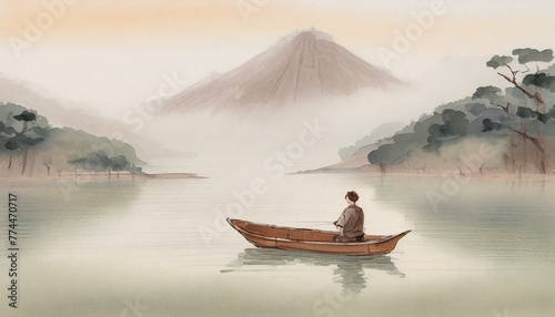 Kleines Boot mit einem Fischer in einem nebligen See im japanischen Sumie-Stil