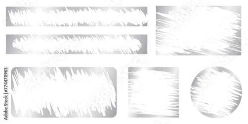 Set of silver scratch card surfaces with scraped textures. Collection of metallic scratchcards, lottery winner, money prize or sale coupon templates isolated on white background. Vector illustration.