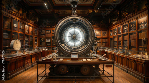 science lab in a classical museum with a big central coil with electricity,generative ai photo