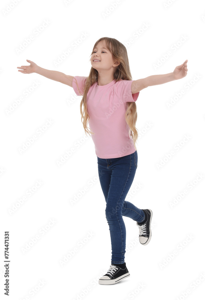 Full length portrait of happy girl running on white background Full length portrait of happy girl running on white background
