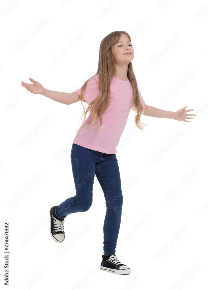 Full length portrait of happy girl running on white background Full length portrait of happy girl running on white background