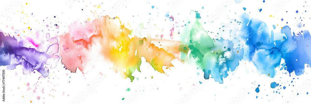 Whimsical rainbow watercolor splatter on transparent background.