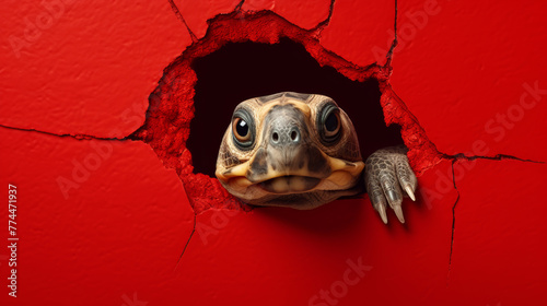 Eine Schildkröte schaut durch ein Loch in einer roten Wand.