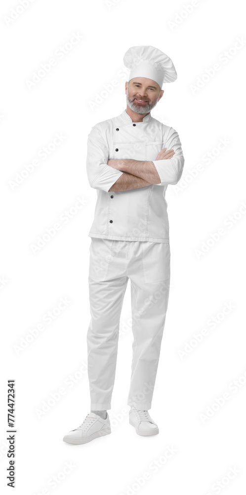 Happy chef in uniform with crossed arms on white background