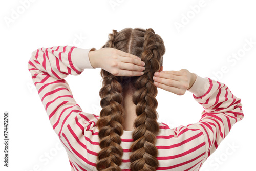 Woman with braided hair on white background, back view