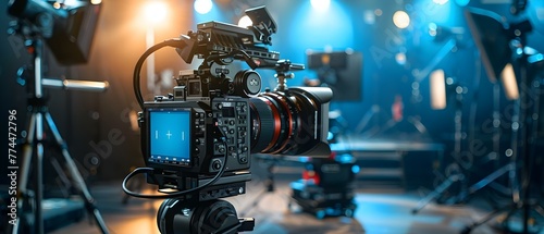 Professional film production equipment in a studio setting including highdefinition camera tripod and lighting. Concept Film Production, Studio Setting, High-definition Camera, Tripod, Lighting photo